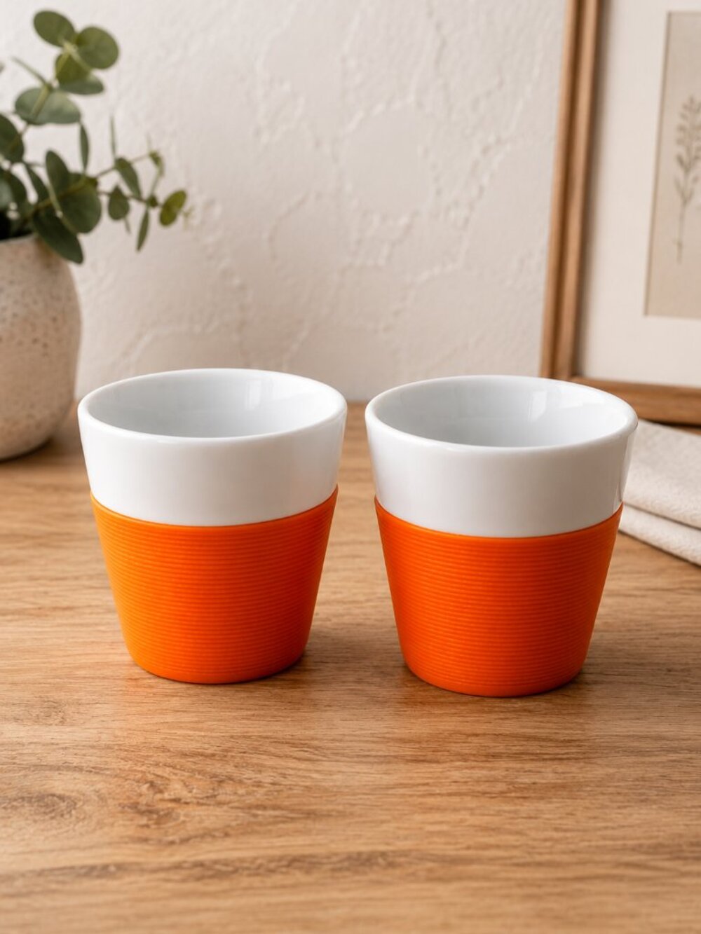 Bodum Bistro Porcelain Cup Sleeve White Orange Switzerland Set of 2